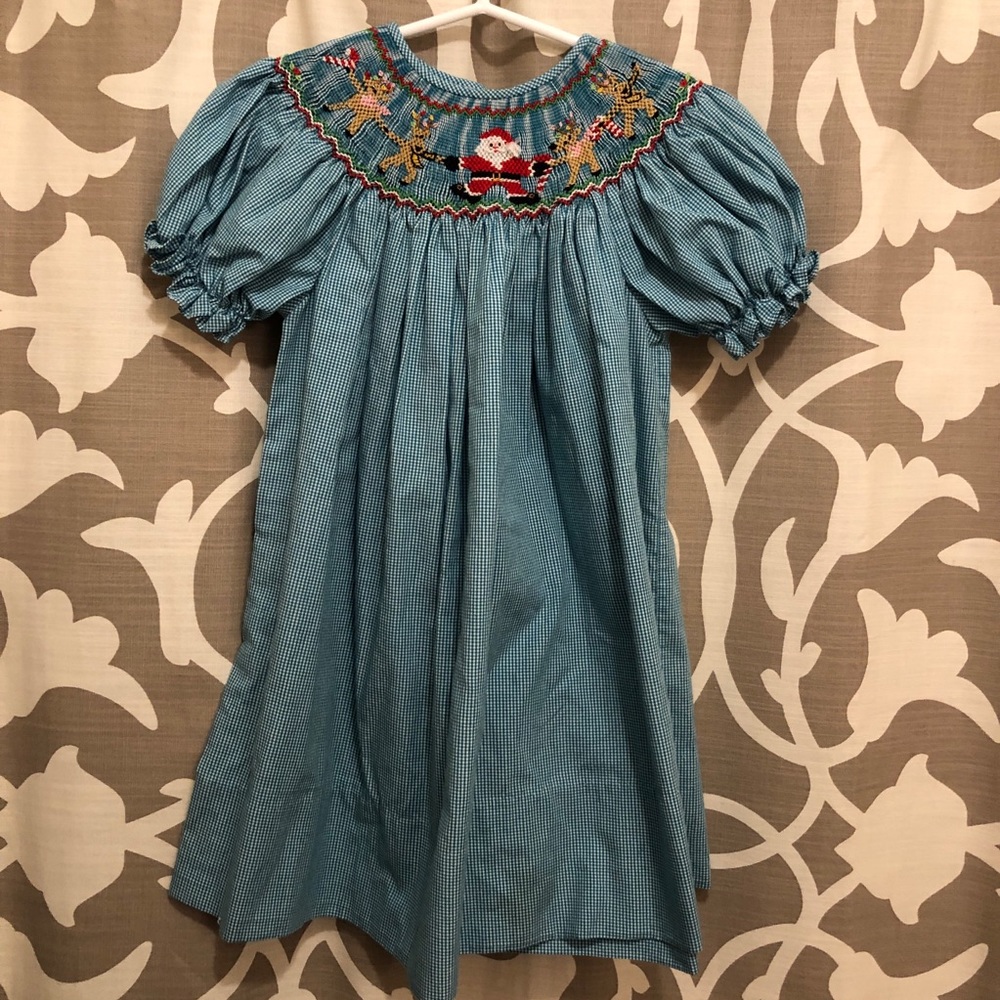 Christmas Santa & Reindeer Smocked Dress • 2T